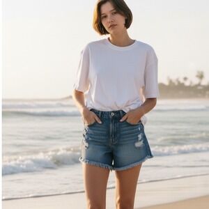 Ariya Juniors Shorts Trendy Med Wash Distressed Mid Rise Raw Hem Denim Jeans 7 #